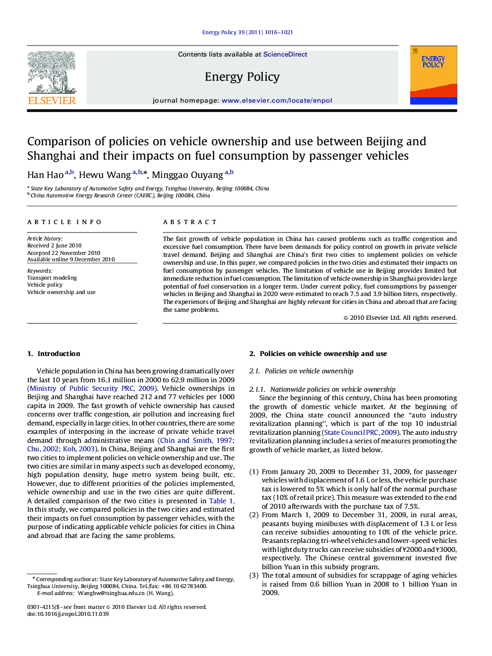 Comparison of policies on vehicle ownership and use between Beijing and Shanghai and their impacts on fuel consumption by passenger vehicles