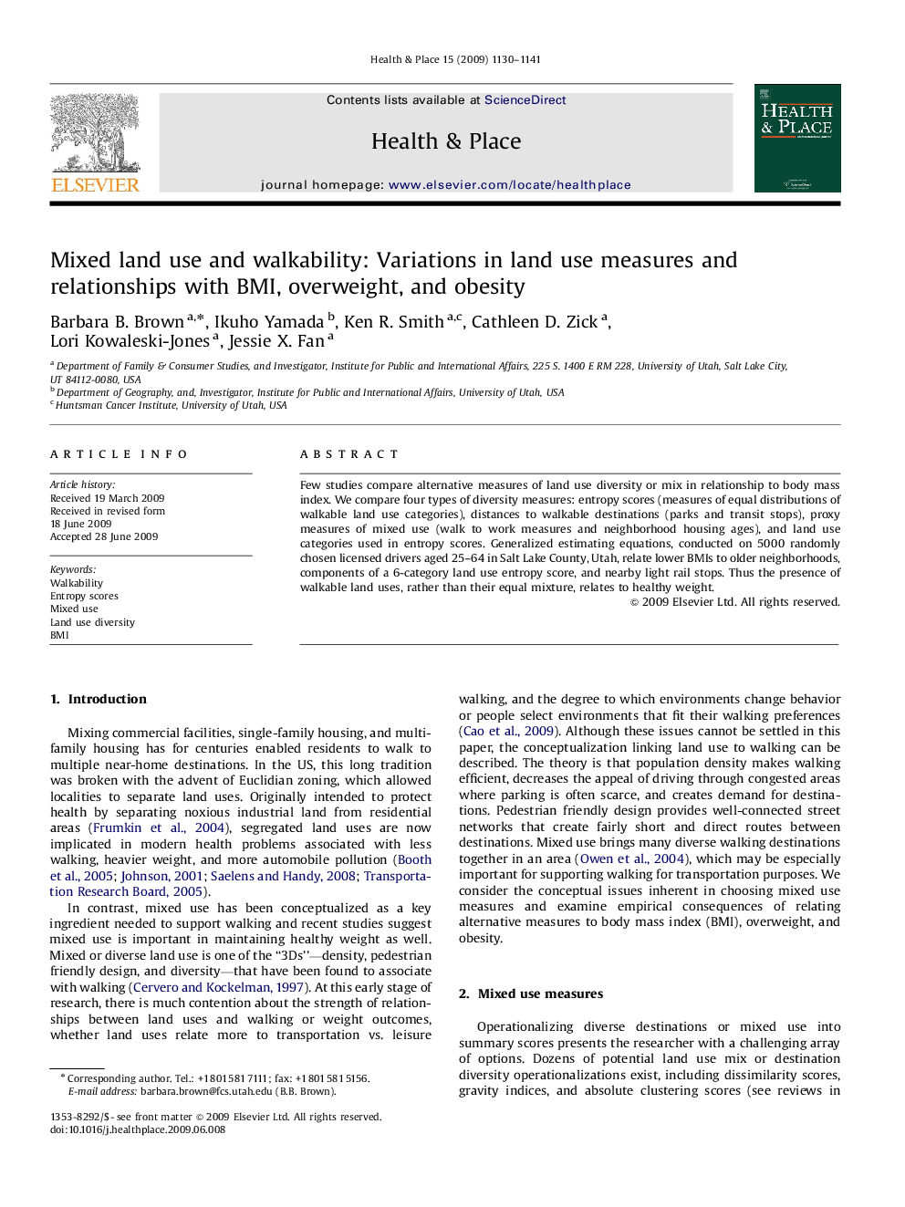 Mixed land use and walkability: Variations in land use measures and relationships with BMI, overweight, and obesity