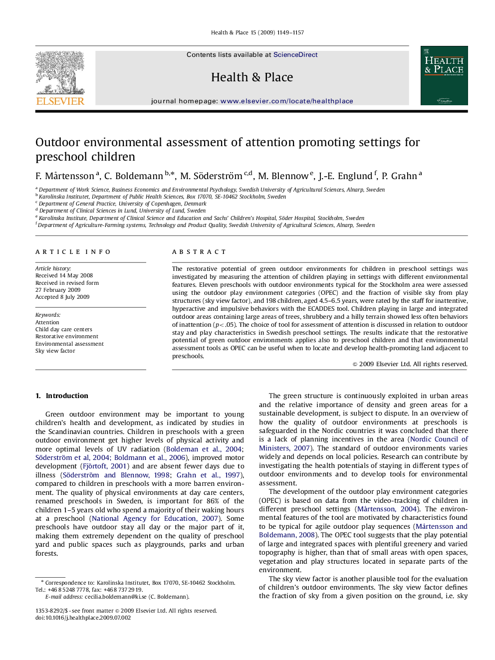 Outdoor environmental assessment of attention promoting settings for preschool children