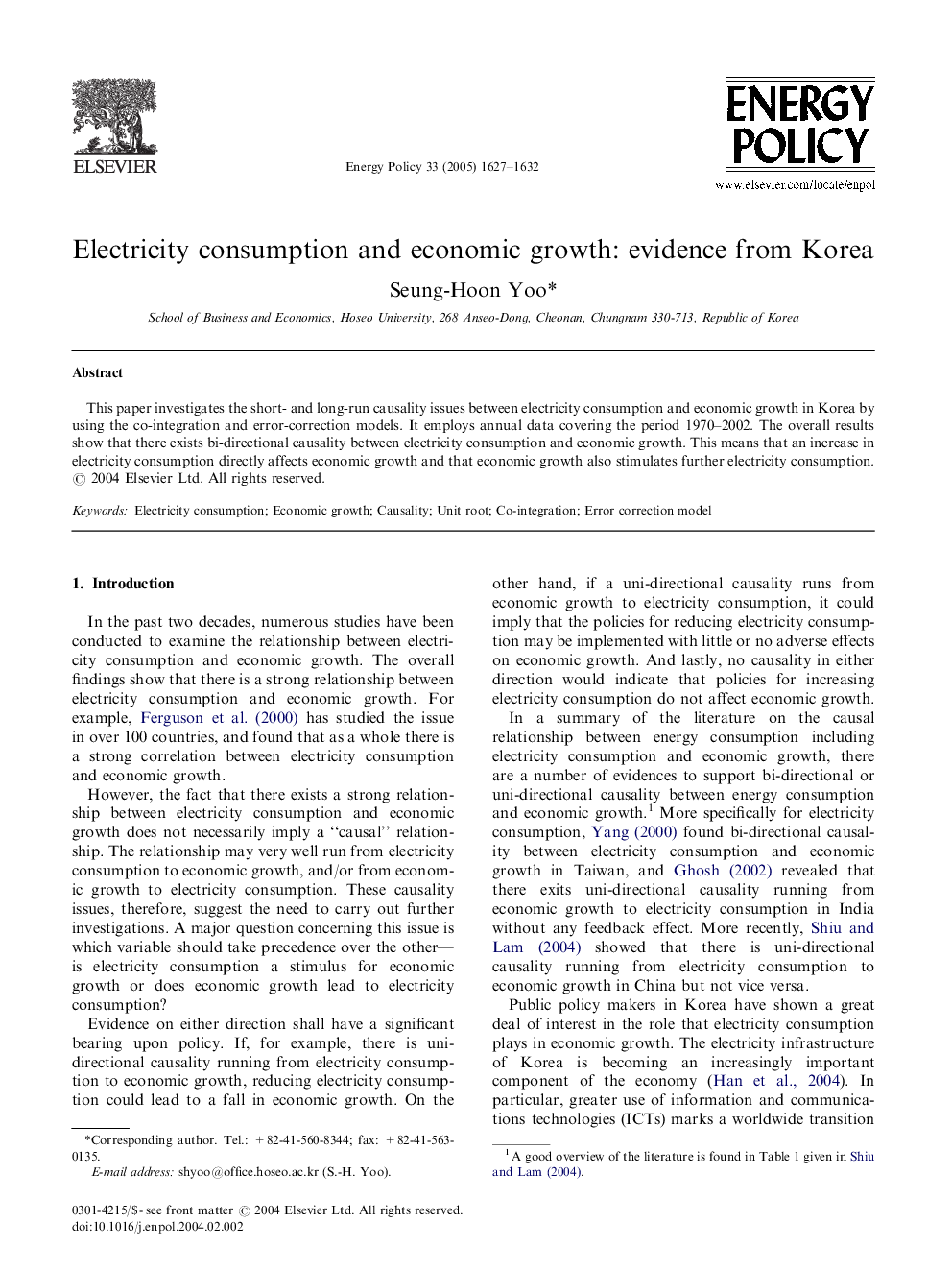 Electricity consumption and economic growth: evidence from Korea