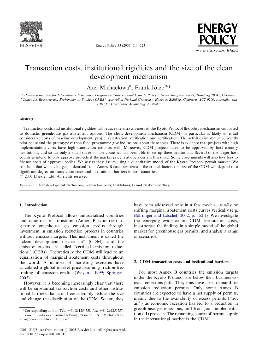 Transaction costs, institutional rigidities and the size of the clean development mechanism