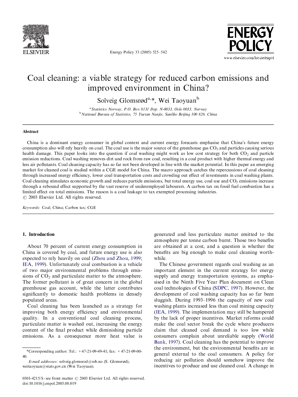 Coal cleaning: a viable strategy for reduced carbon emissions and improved environment in China?