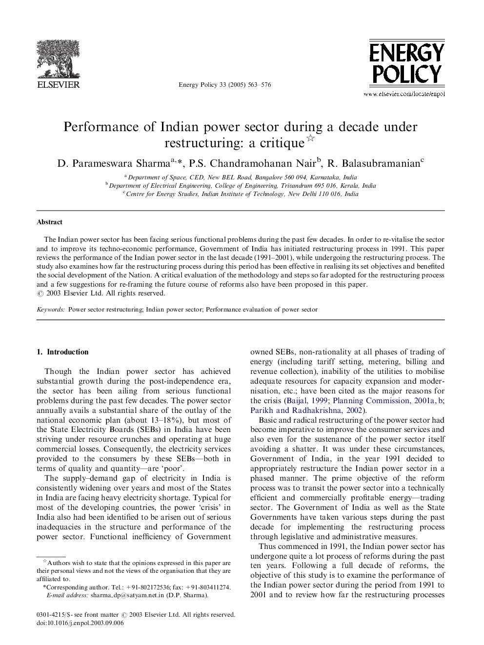 Performance of Indian power sector during a decade under restructuring: a critique