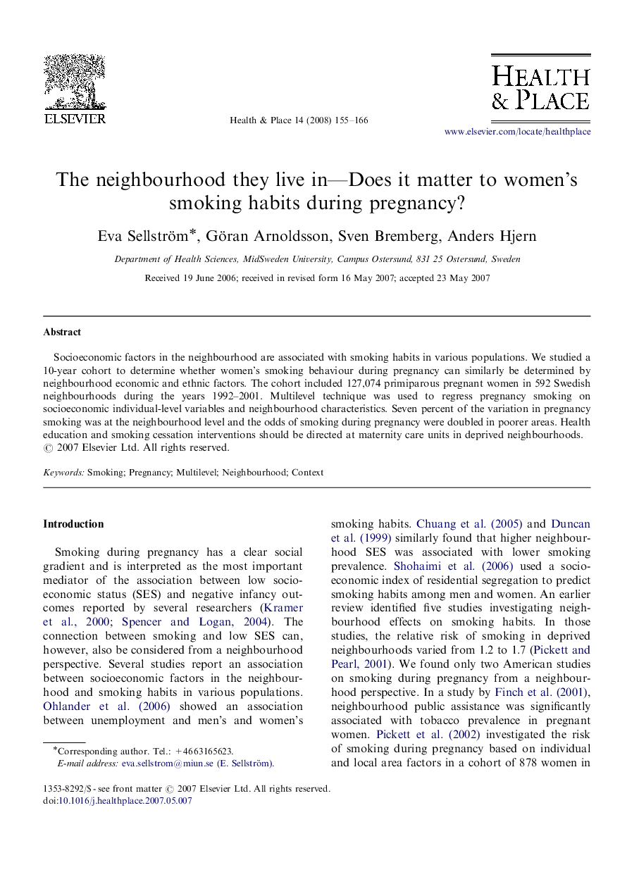 The neighbourhood they live in—Does it matter to women's smoking habits during pregnancy?