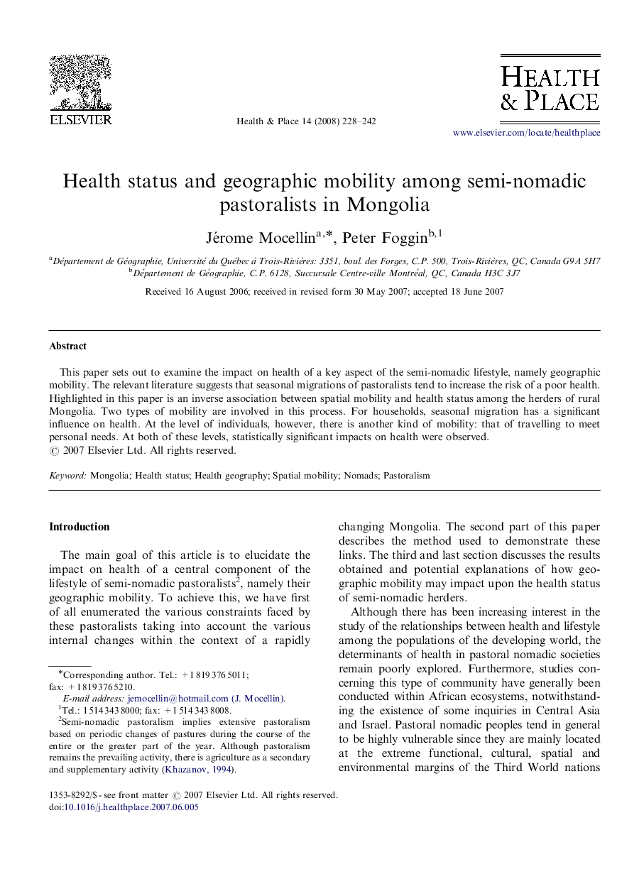 Health status and geographic mobility among semi-nomadic pastoralists in Mongolia