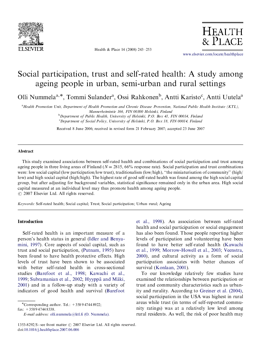 Social participation, trust and self-rated health: A study among ageing people in urban, semi-urban and rural settings