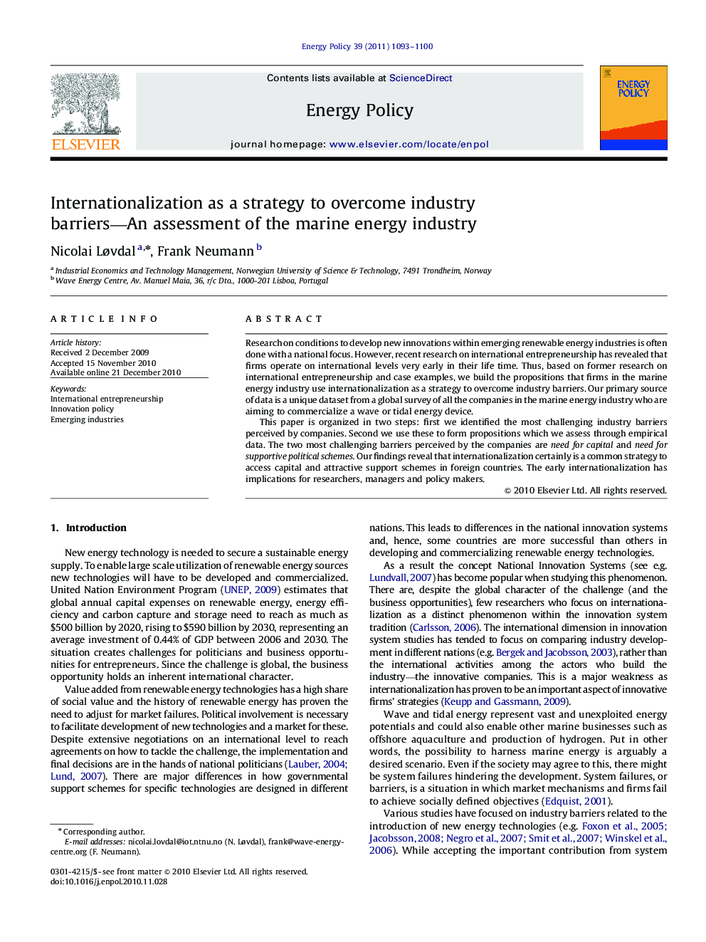 Internationalization as a strategy to overcome industry barriers-An assessment of the marine energy industry