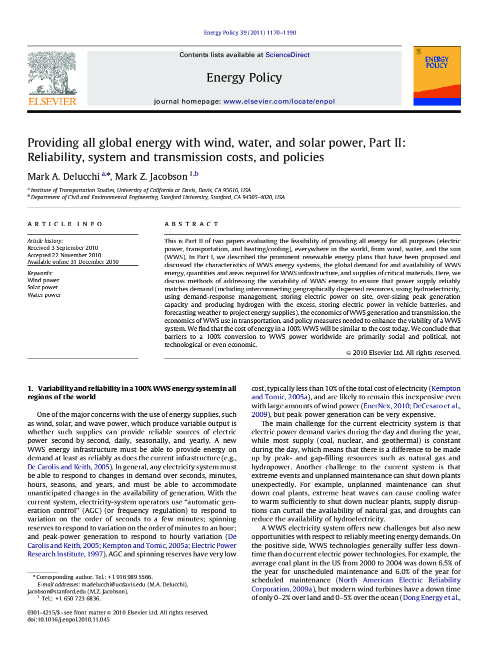 Providing all global energy with wind, water, and solar power, Part II: Reliability, system and transmission costs, and policies