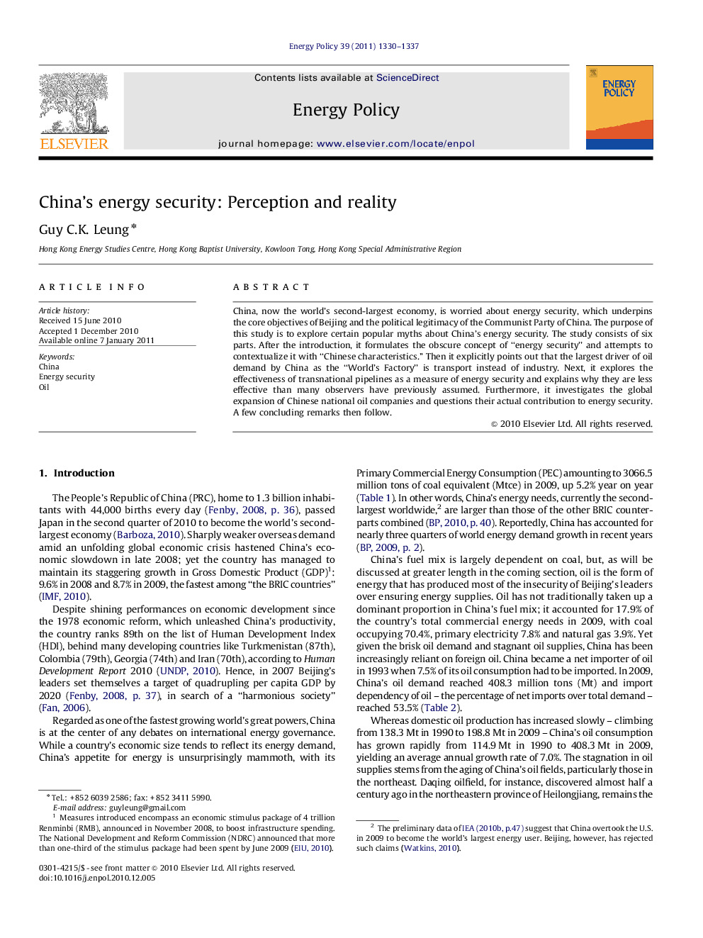 China's energy security: Perception and reality