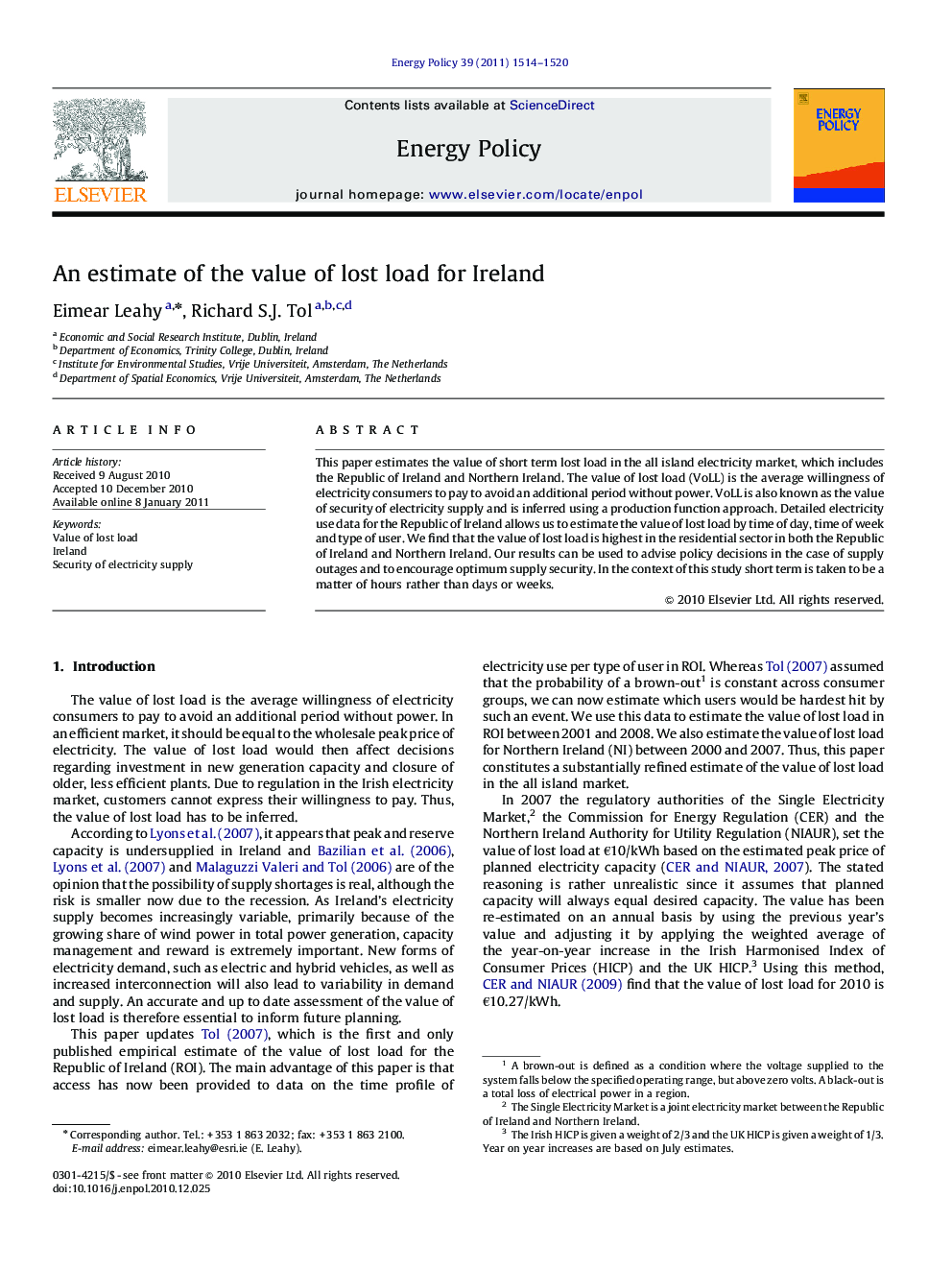 An estimate of the value of lost load for Ireland