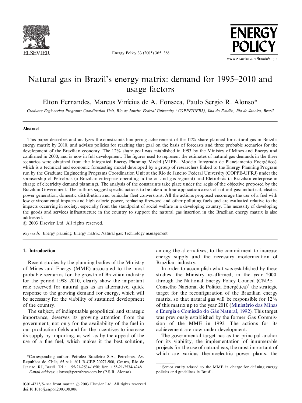 Natural gas in Brazil's energy matrix: demand for 1995-2010 and usage factors