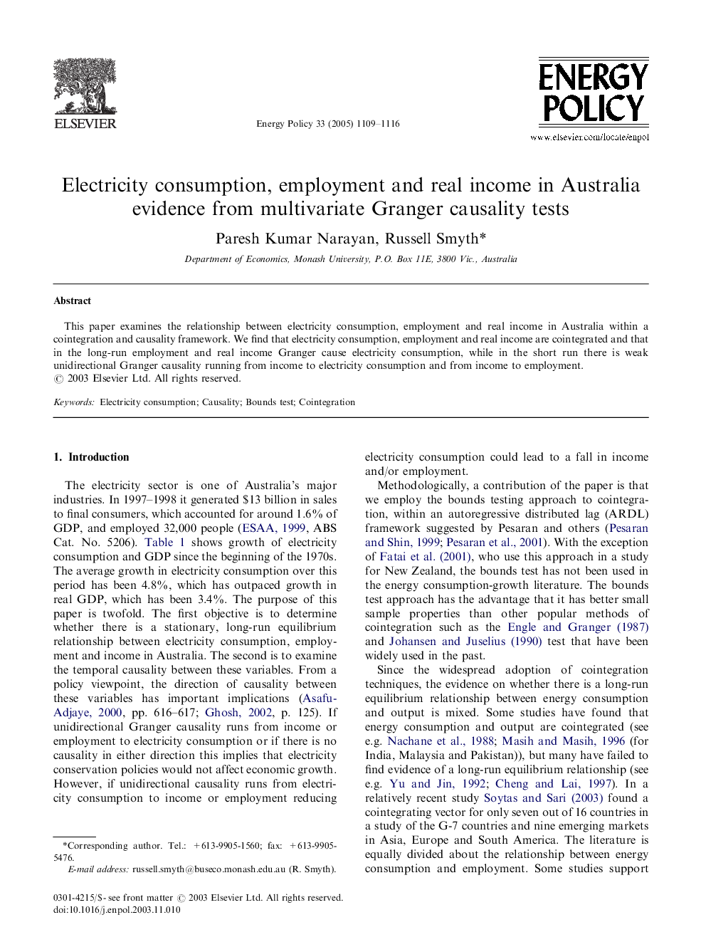 Electricity consumption, employment and real income in Australia evidence from multivariate Granger causality tests