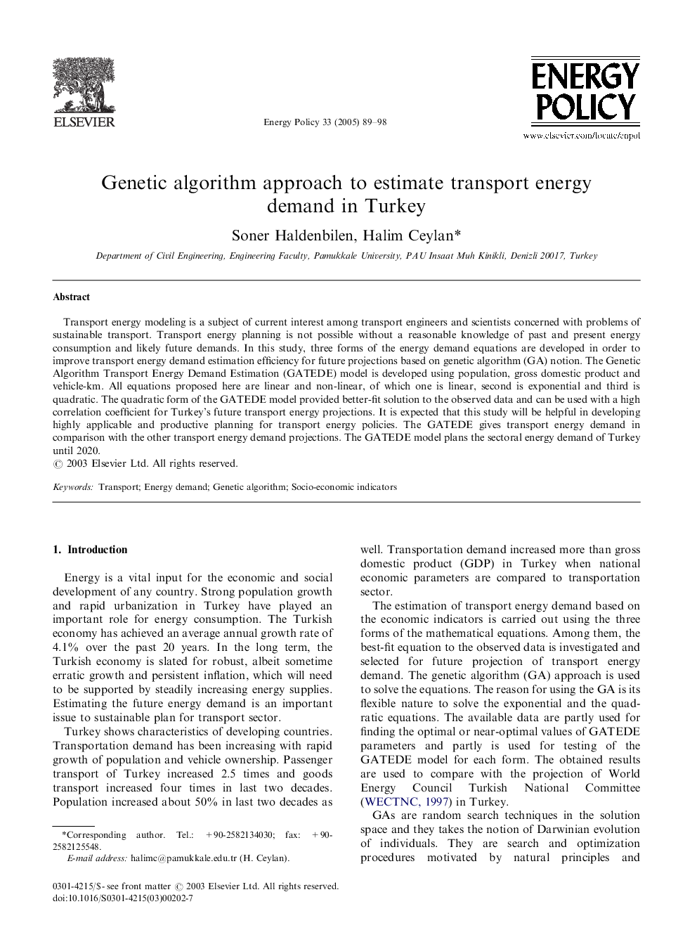 Genetic algorithm approach to estimate transport energy demand in Turkey