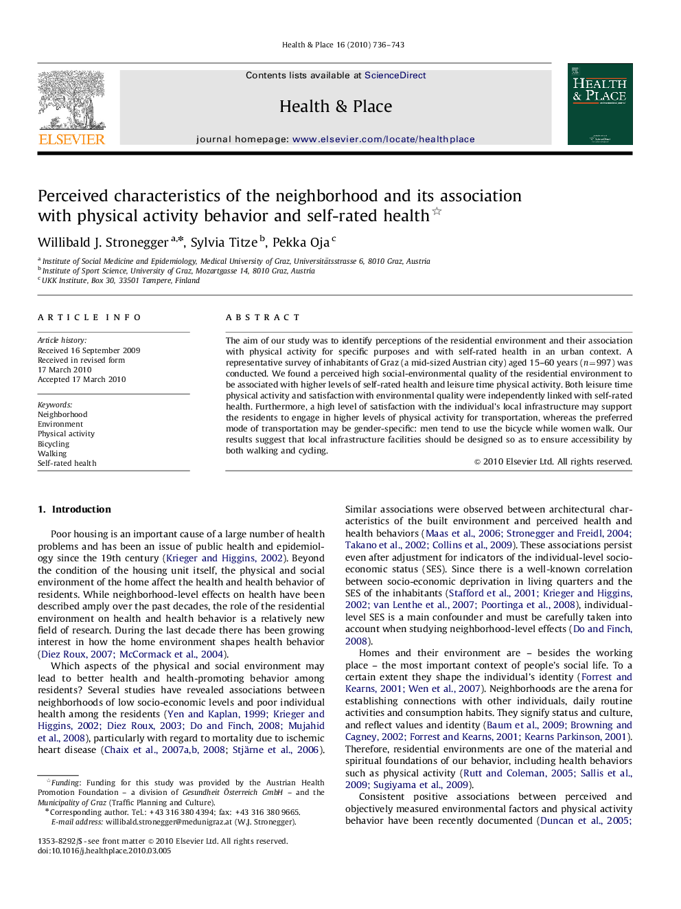 Perceived characteristics of the neighborhood and its association with physical activity behavior and self-rated health 