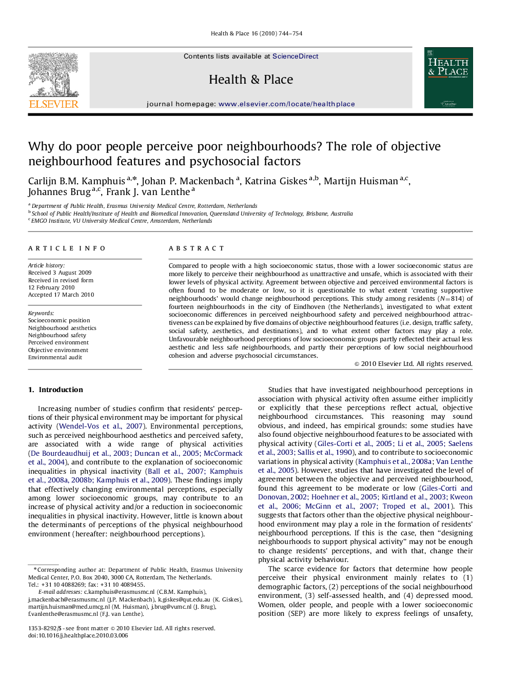 Why do poor people perceive poor neighbourhoods? The role of objective neighbourhood features and psychosocial factors