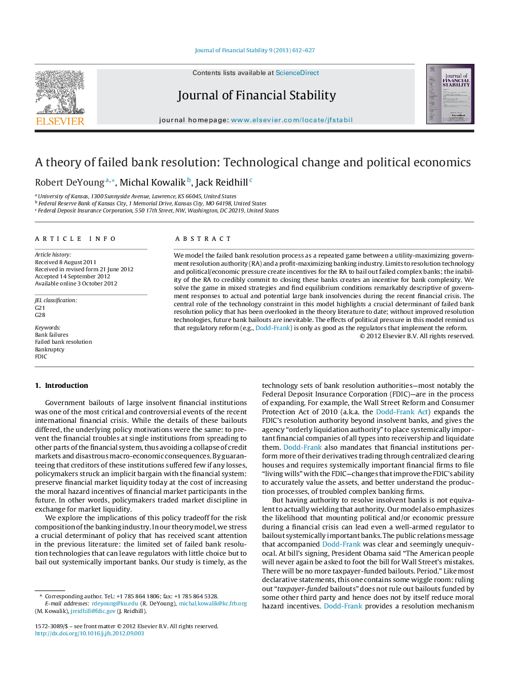 A theory of failed bank resolution: Technological change and political economics