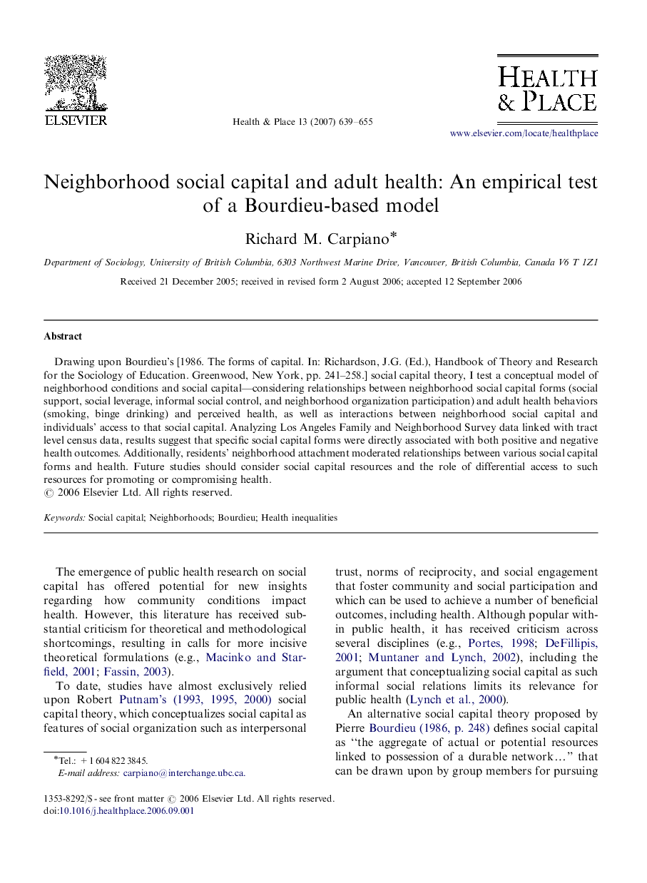 Neighborhood social capital and adult health: An empirical test of a Bourdieu-based model