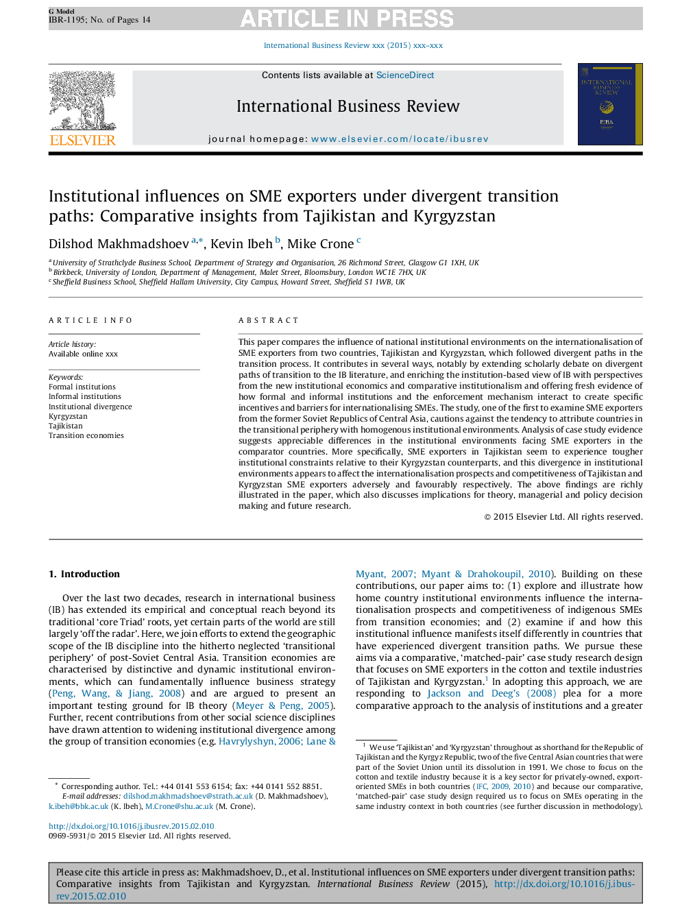 Institutional influences on SME exporters under divergent transition paths: Comparative insights from Tajikistan and Kyrgyzstan