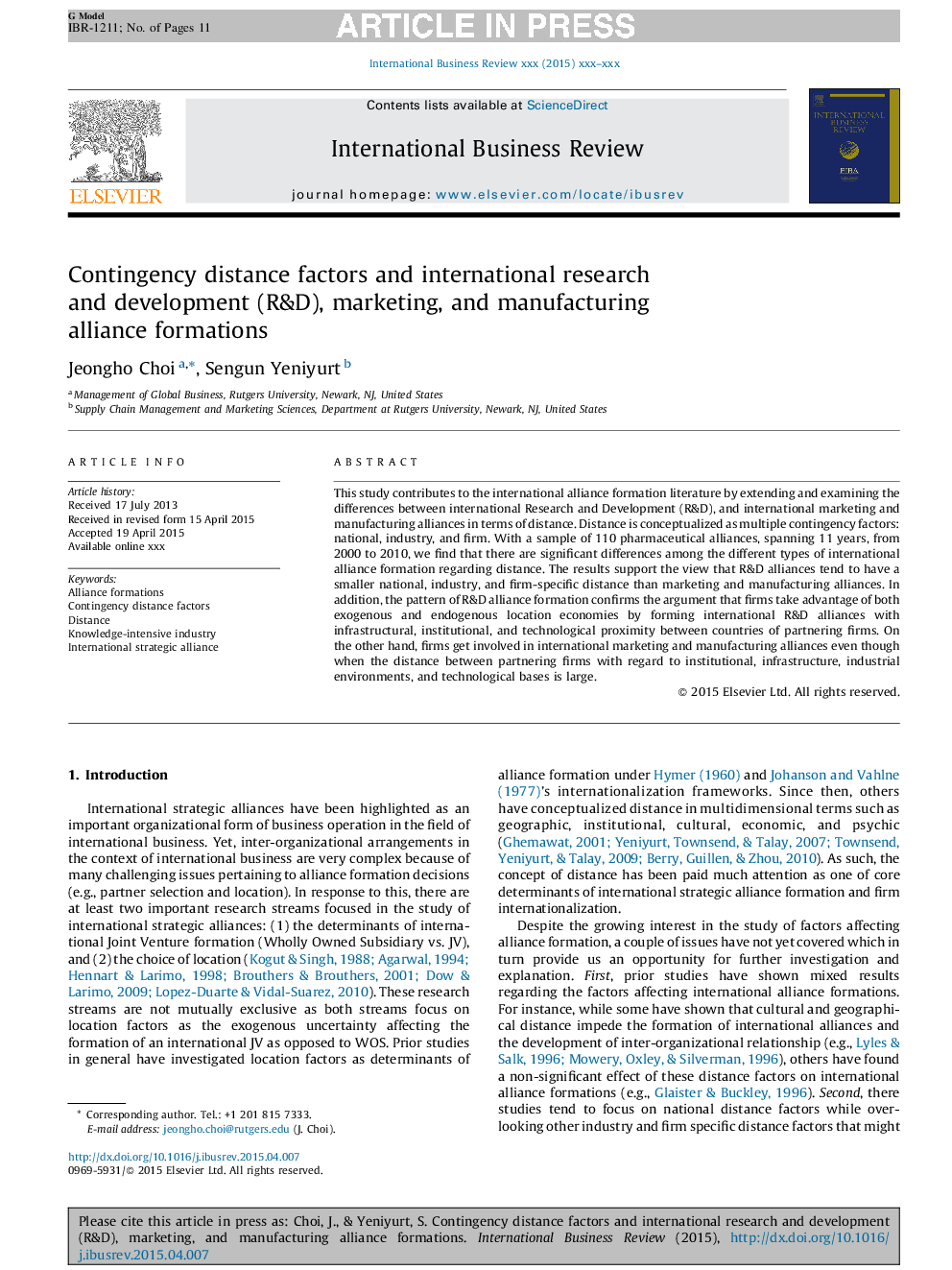 Contingency distance factors and international research and development (R&D), marketing, and manufacturing alliance formations