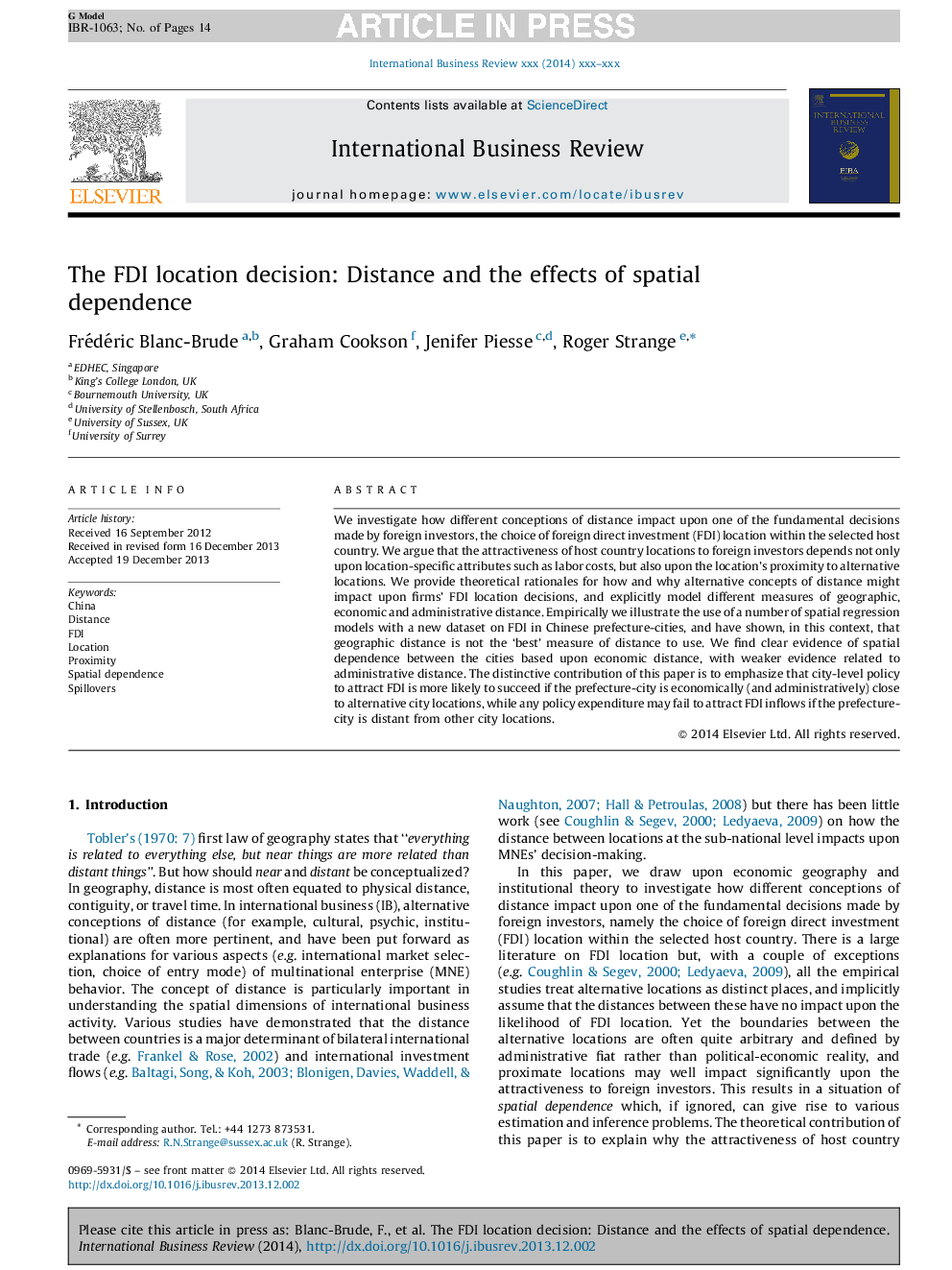 The FDI location decision: Distance and the effects of spatial dependence