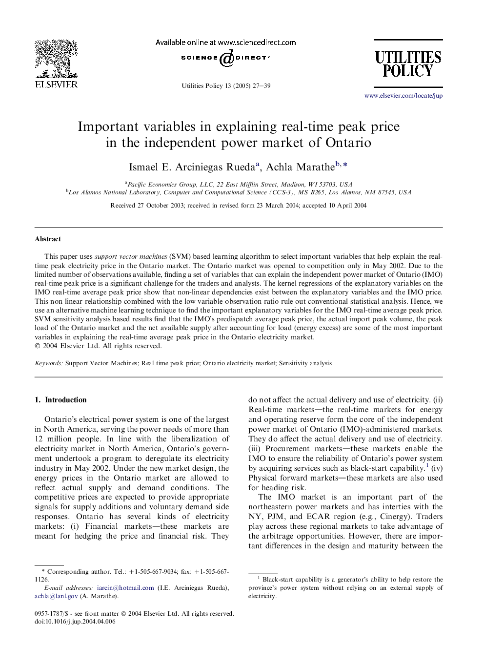 Important variables in explaining real-time peak price in the independent power market of Ontario