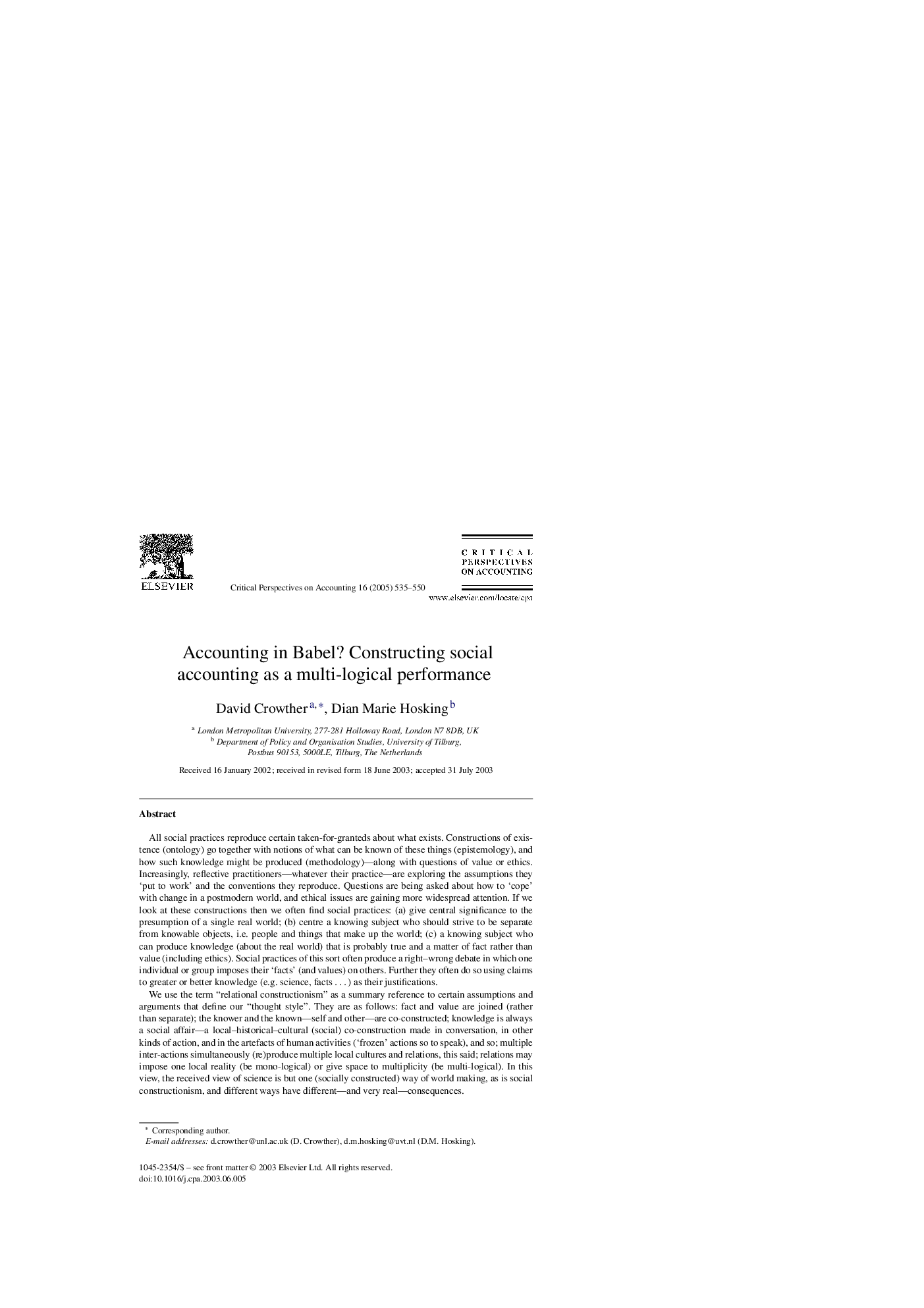 عکس صفحه اول مقاله: Accounting in Babel? Constructing social accounting as a multi-logical performance Accounting in Babel? Constructing social accounting as a multi-logical performance