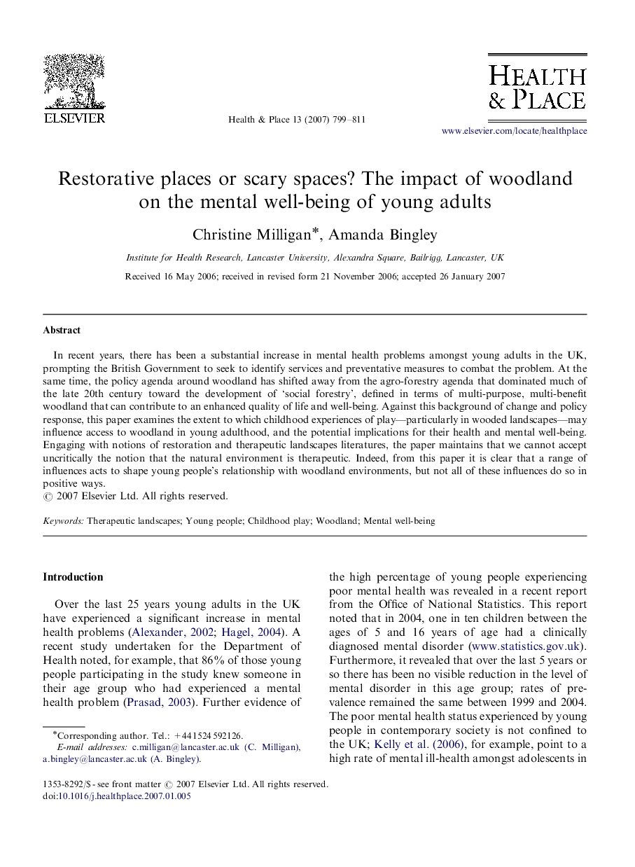 Restorative places or scary spaces? The impact of woodland on the mental well-being of young adults