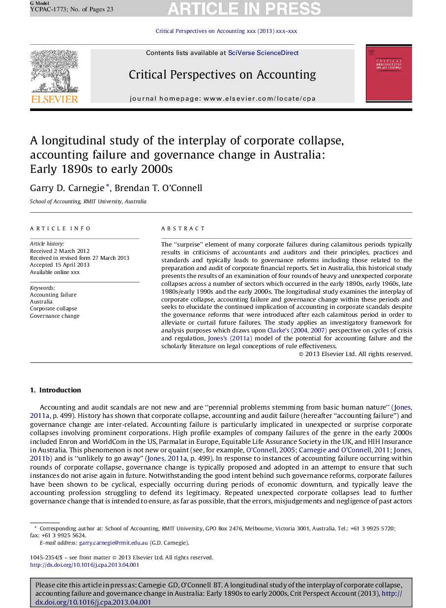 A longitudinal study of the interplay of corporate collapse, accounting failure and governance change in Australia: Early 1890s to early 2000s