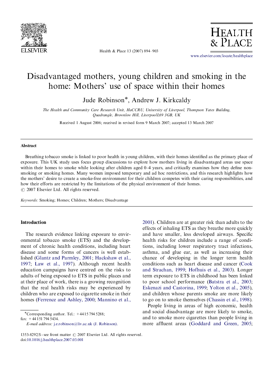 Disadvantaged mothers, young children and smoking in the home: Mothers’ use of space within their homes