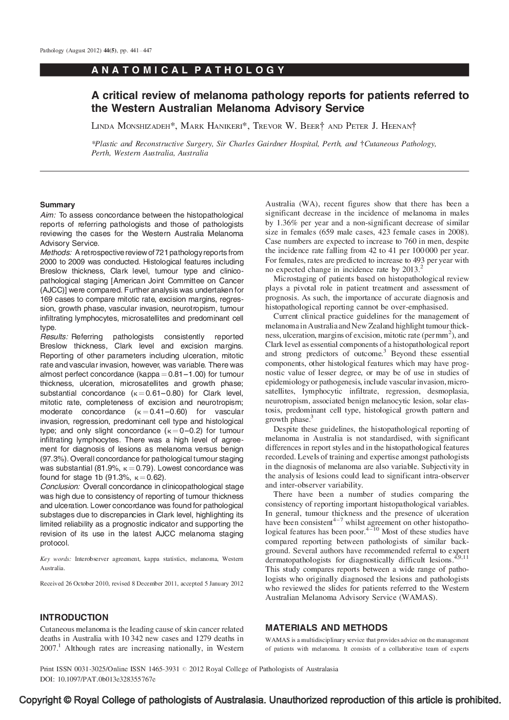 A critical review of melanoma pathology reports for patients referred to the Western Australian Melanoma Advisory Service