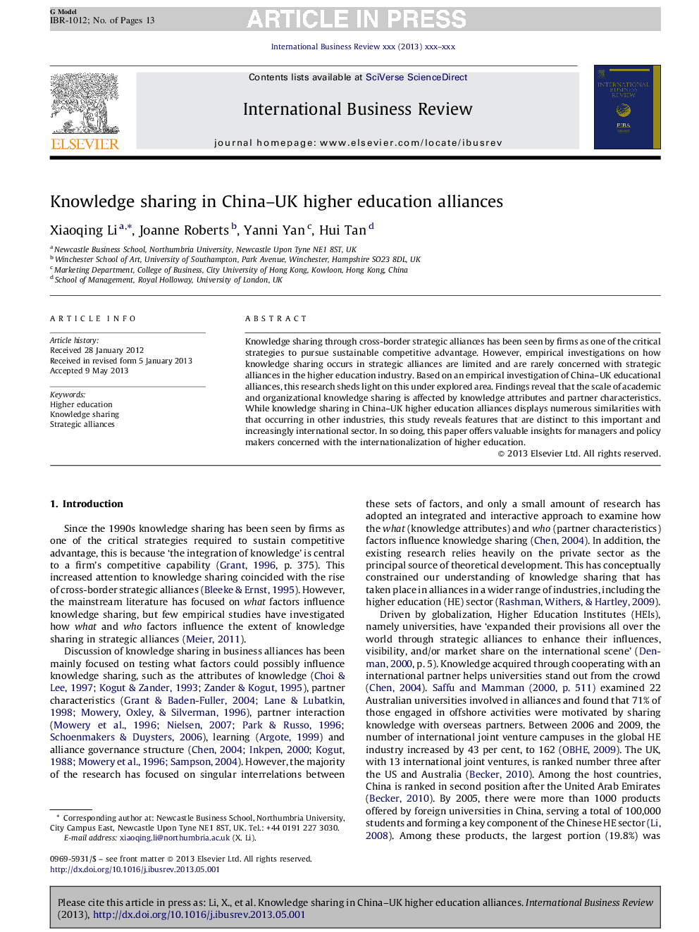 Knowledge sharing in China-UK higher education alliances