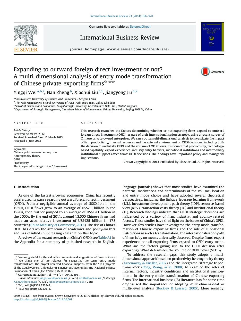 Expanding to outward foreign direct investment or not? A multi-dimensional analysis of entry mode transformation of Chinese private exporting firms