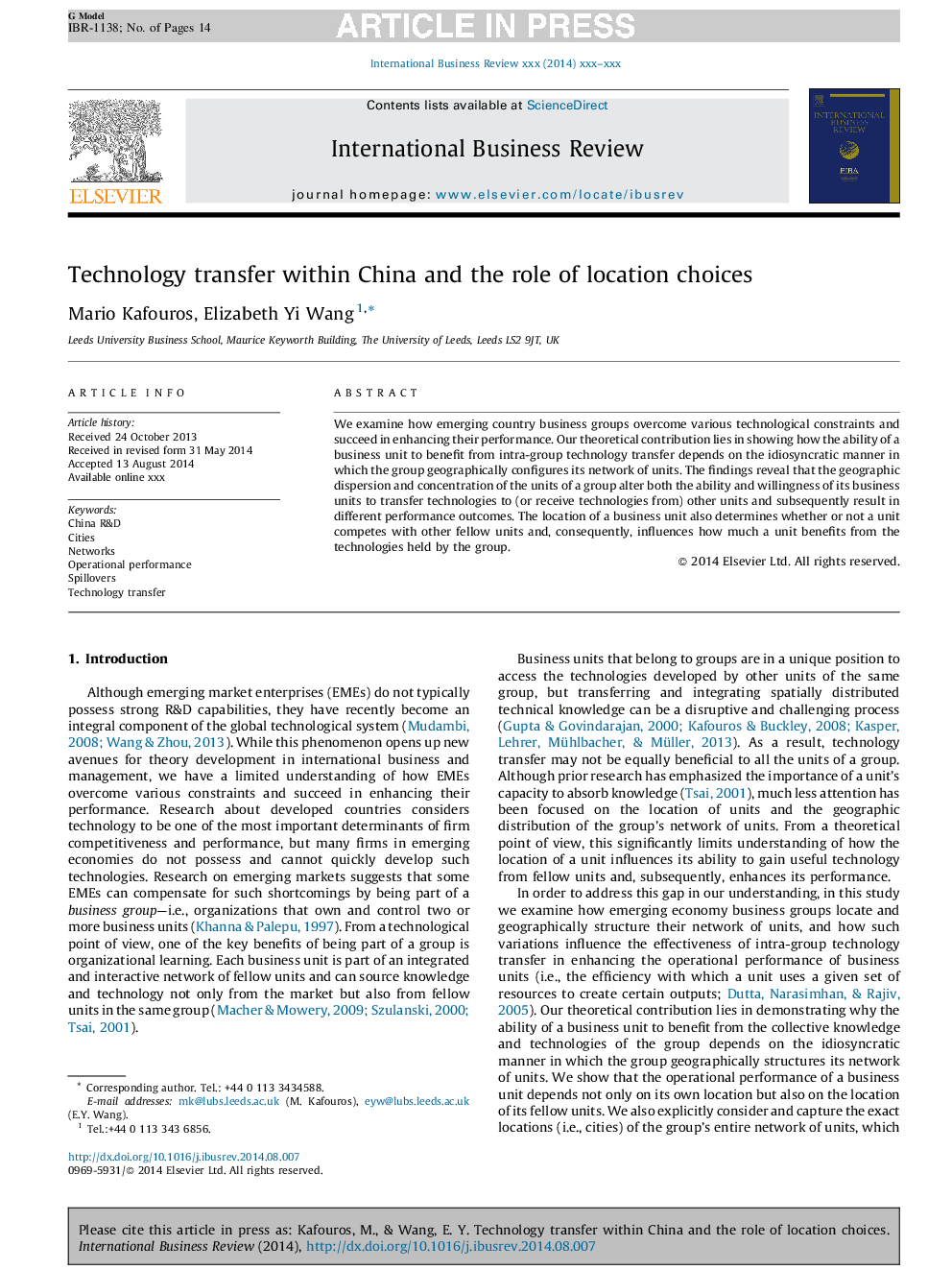 Technology transfer within China and the role of location choices