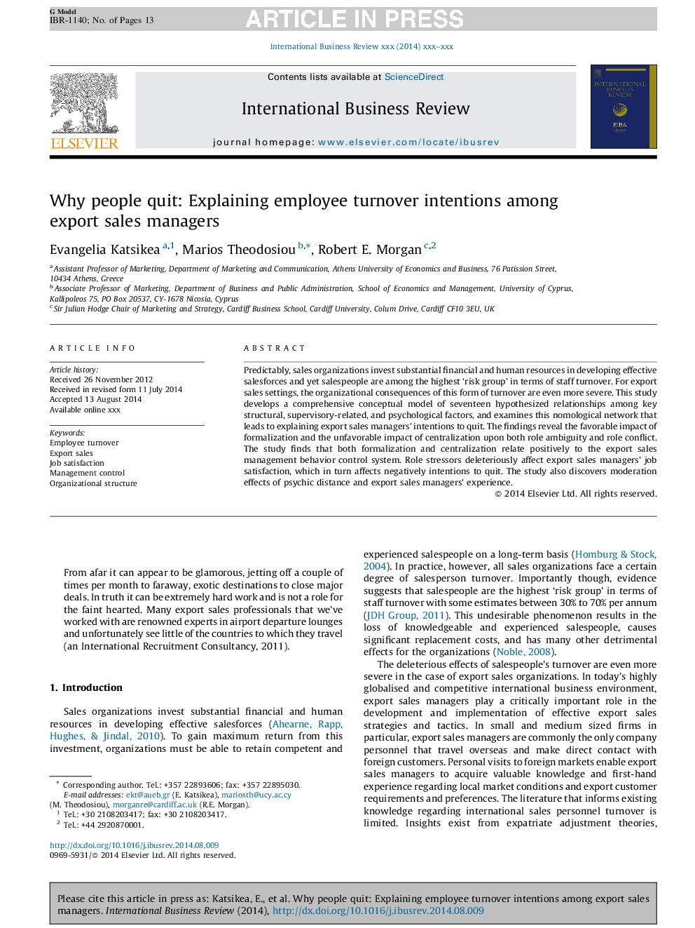 Why people quit: Explaining employee turnover intentions among export sales managers