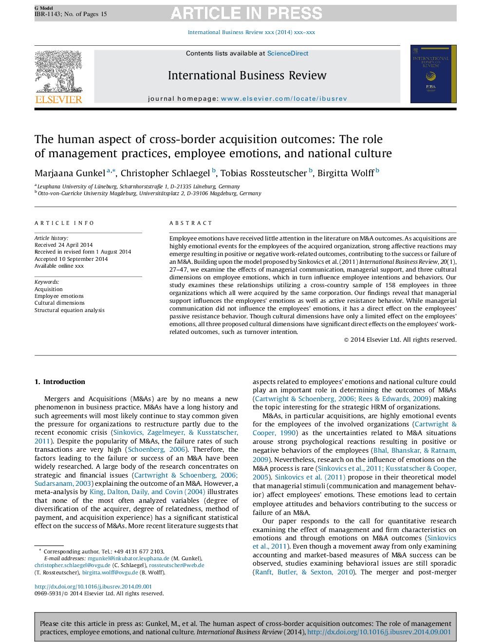 The human aspect of cross-border acquisition outcomes: The role of management practices, employee emotions, and national culture