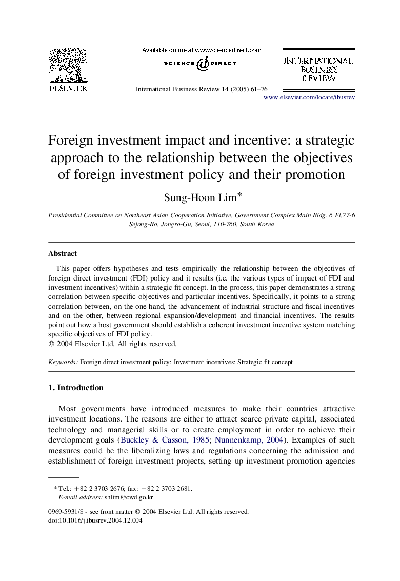 Foreign investment impact and incentive: a strategic approach to the relationship between the objectives of foreign investment policy and their promotion