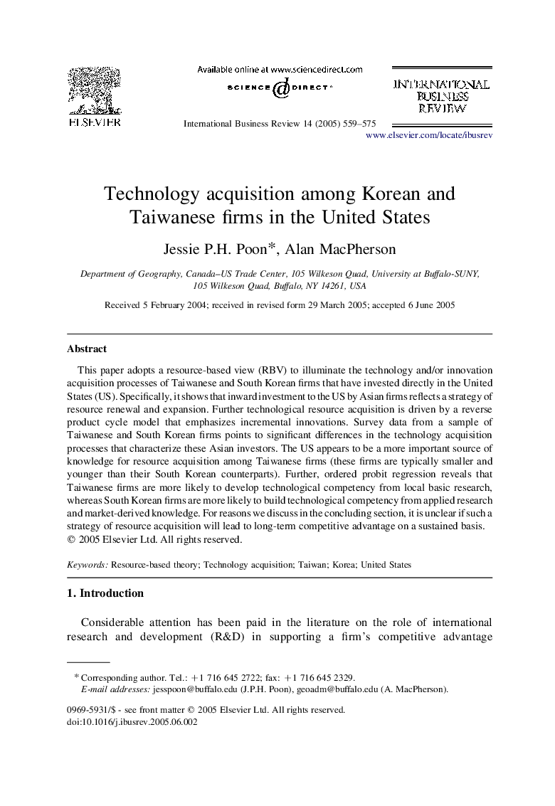 Technology acquisition among Korean and Taiwanese firms in the United States