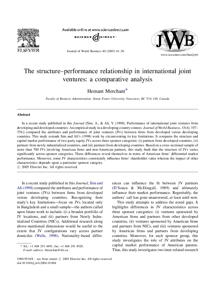 The structure-performance relationship in international joint ventures: a comparative analysis