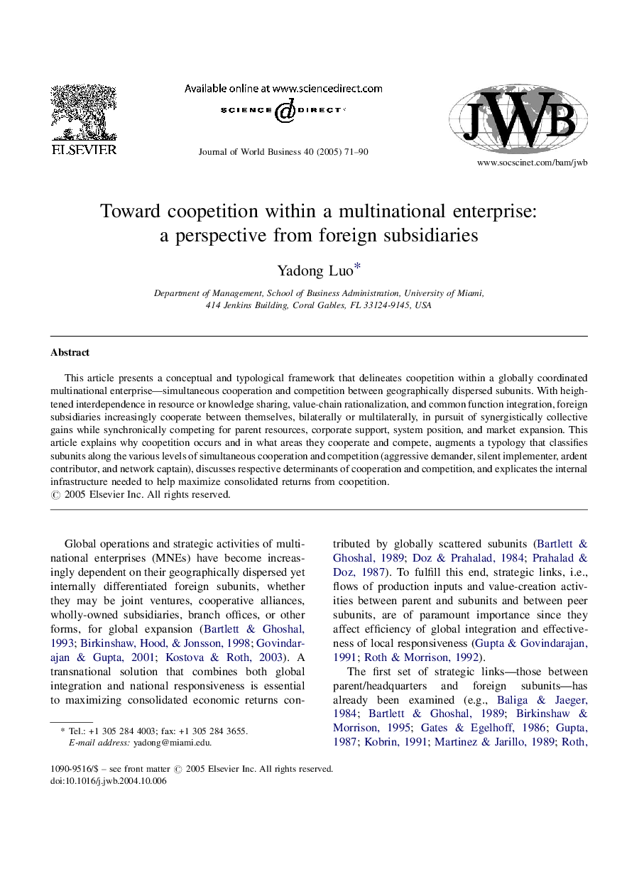 Toward coopetition within a multinational enterprise: a perspective from foreign subsidiaries