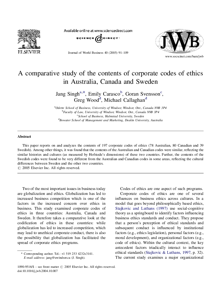 A comparative study of the contents of corporate codes of ethics in Australia, Canada and Sweden