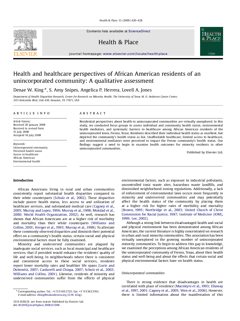 Health and healthcare perspectives of African American residents of an unincorporated community: A qualitative assessment