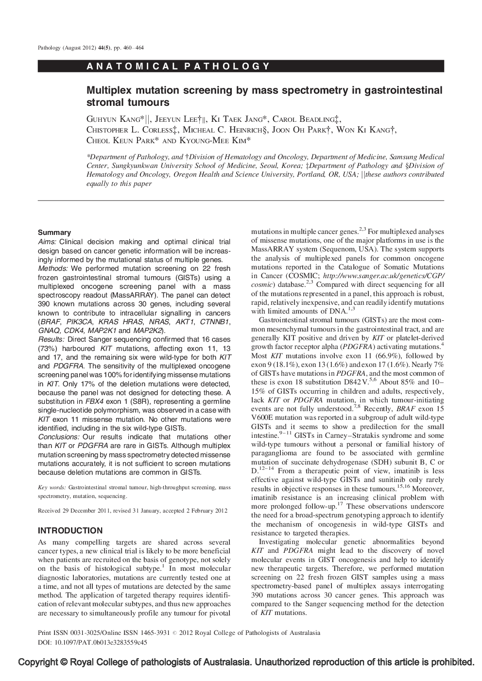 Multiplex mutation screening by mass spectrometry in gastrointestinal stromal tumours