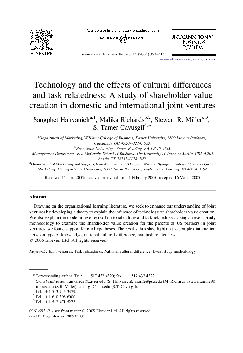 Technology and the effects of cultural differences and task relatedness: A study of shareholder value creation in domestic and international joint ventures