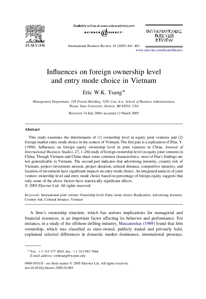 Influences on foreign ownership level and entry mode choice in Vietnam