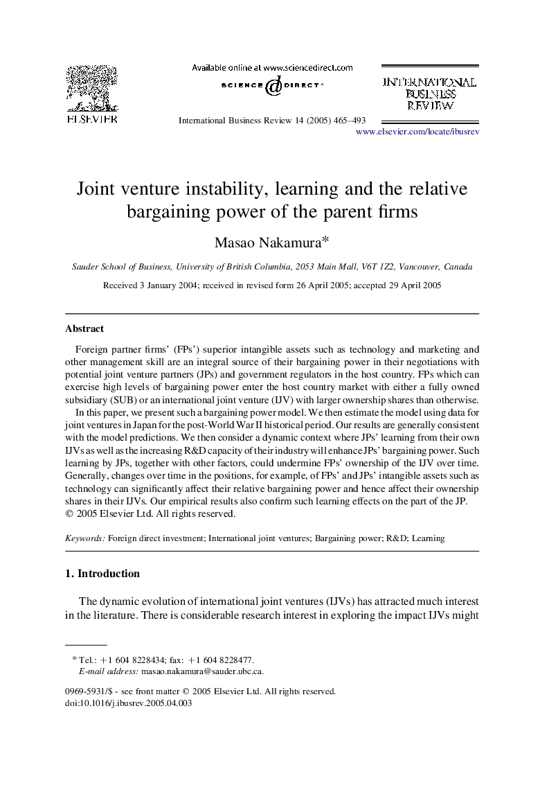 Joint venture instability, learning and the relative bargaining power of the parent firms