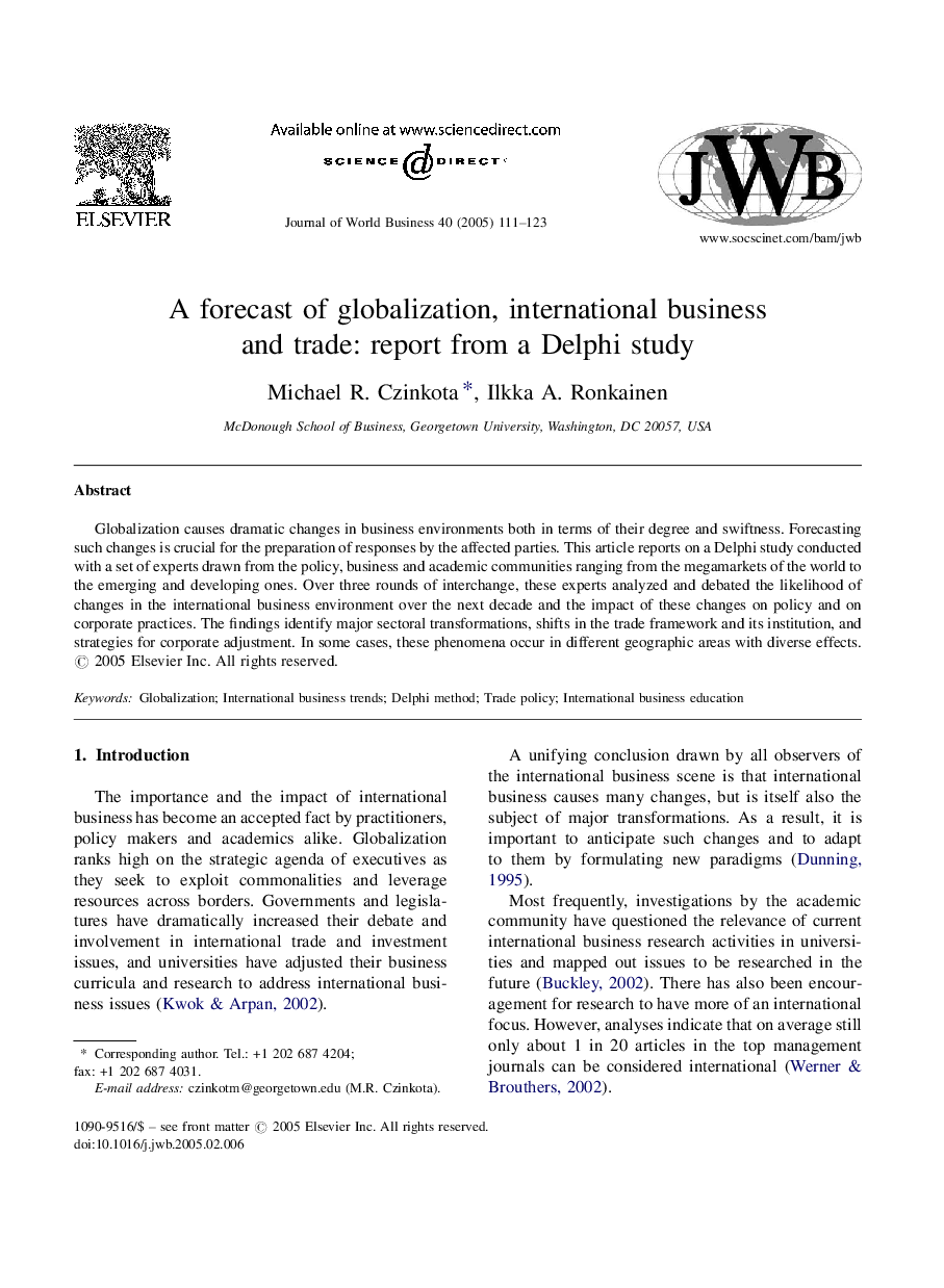 A forecast of globalization, international business and trade: report from a Delphi study