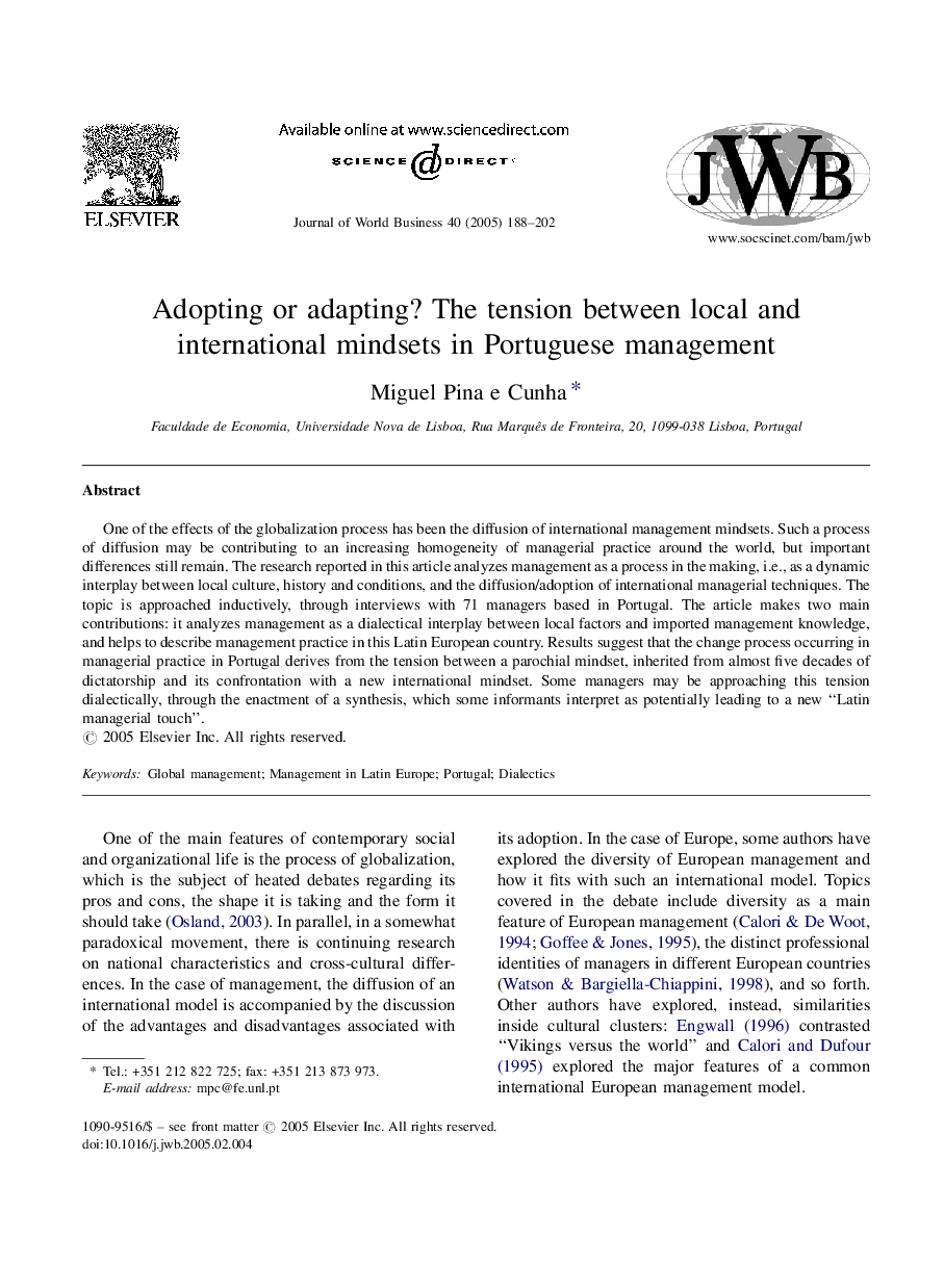 Adopting or adapting? The tension between local and international mindsets in Portuguese management