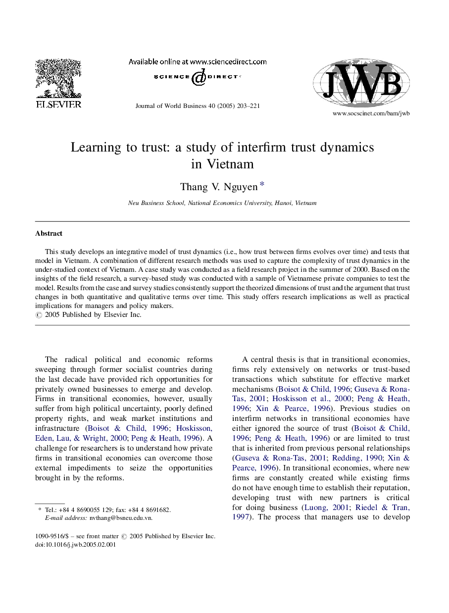 Learning to trust: a study of interfirm trust dynamics in Vietnam