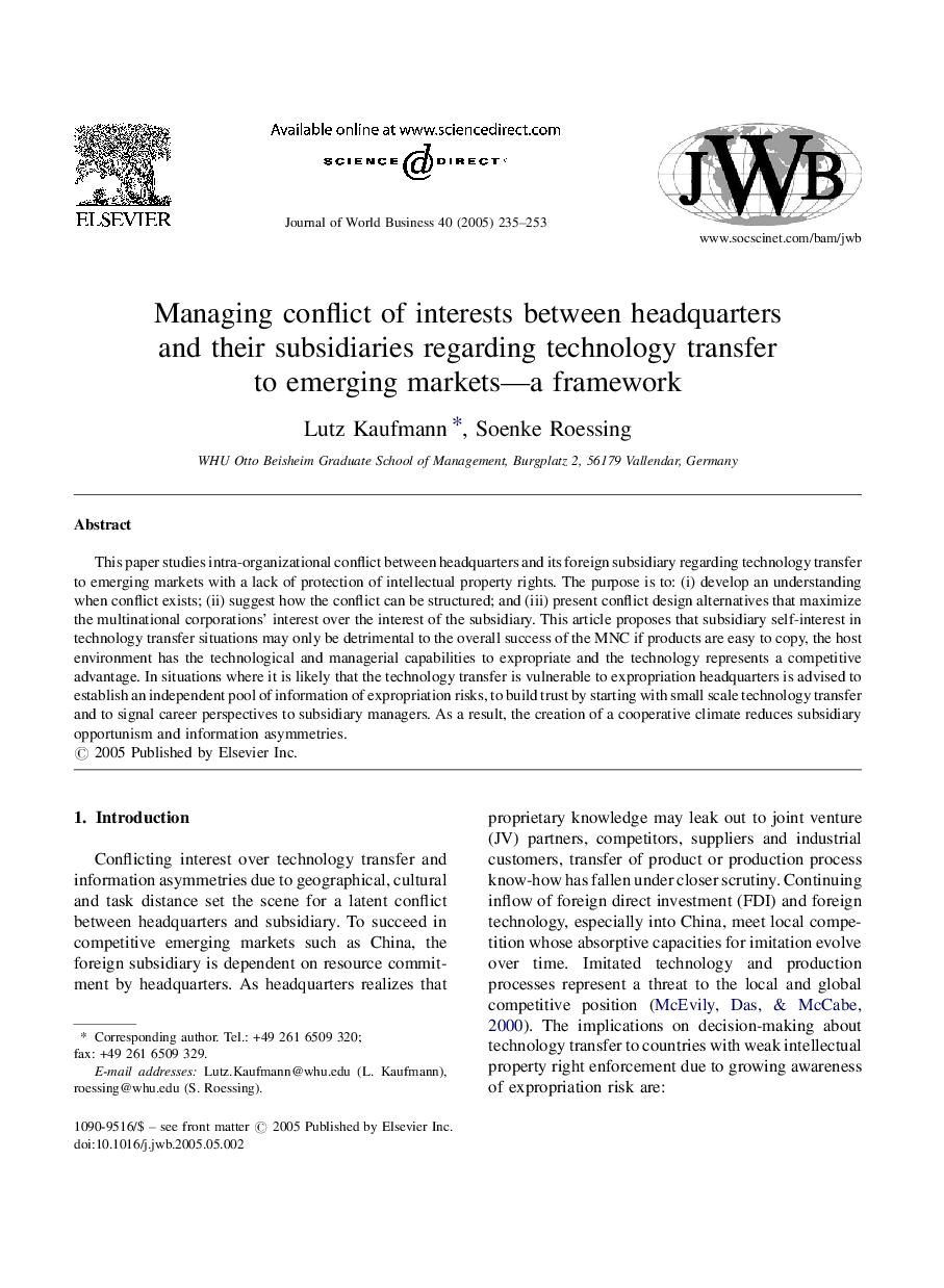 Managing conflict of interests between headquarters and their subsidiaries regarding technology transfer to emerging markets-a framework