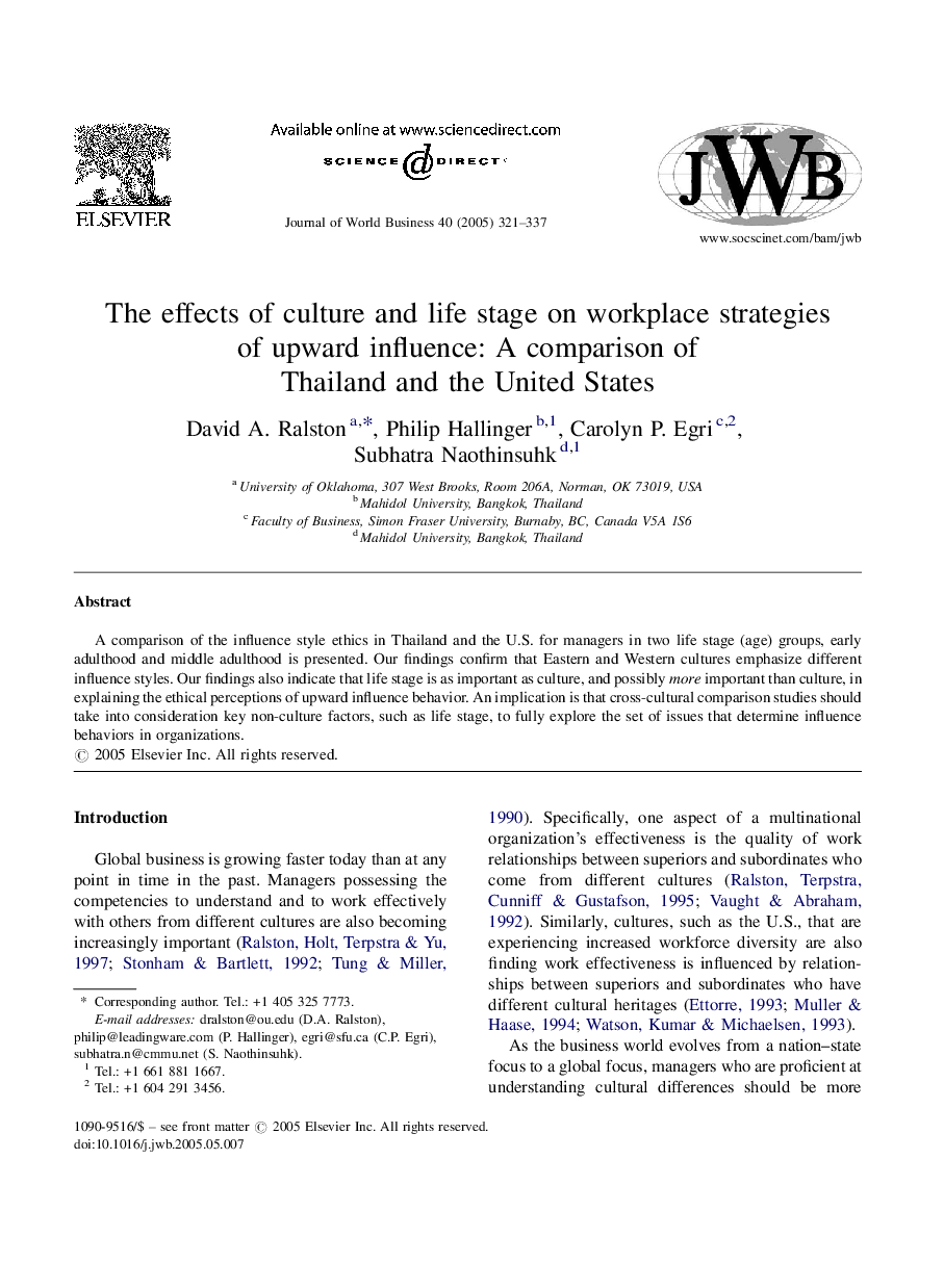 The effects of culture and life stage on workplace strategies of upward influence: A comparison of Thailand and the United States